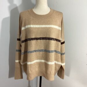 NWOT DANIEL RAINN SIZE XL KNIT SWEATER BEIGE STRIPED SEQUINS